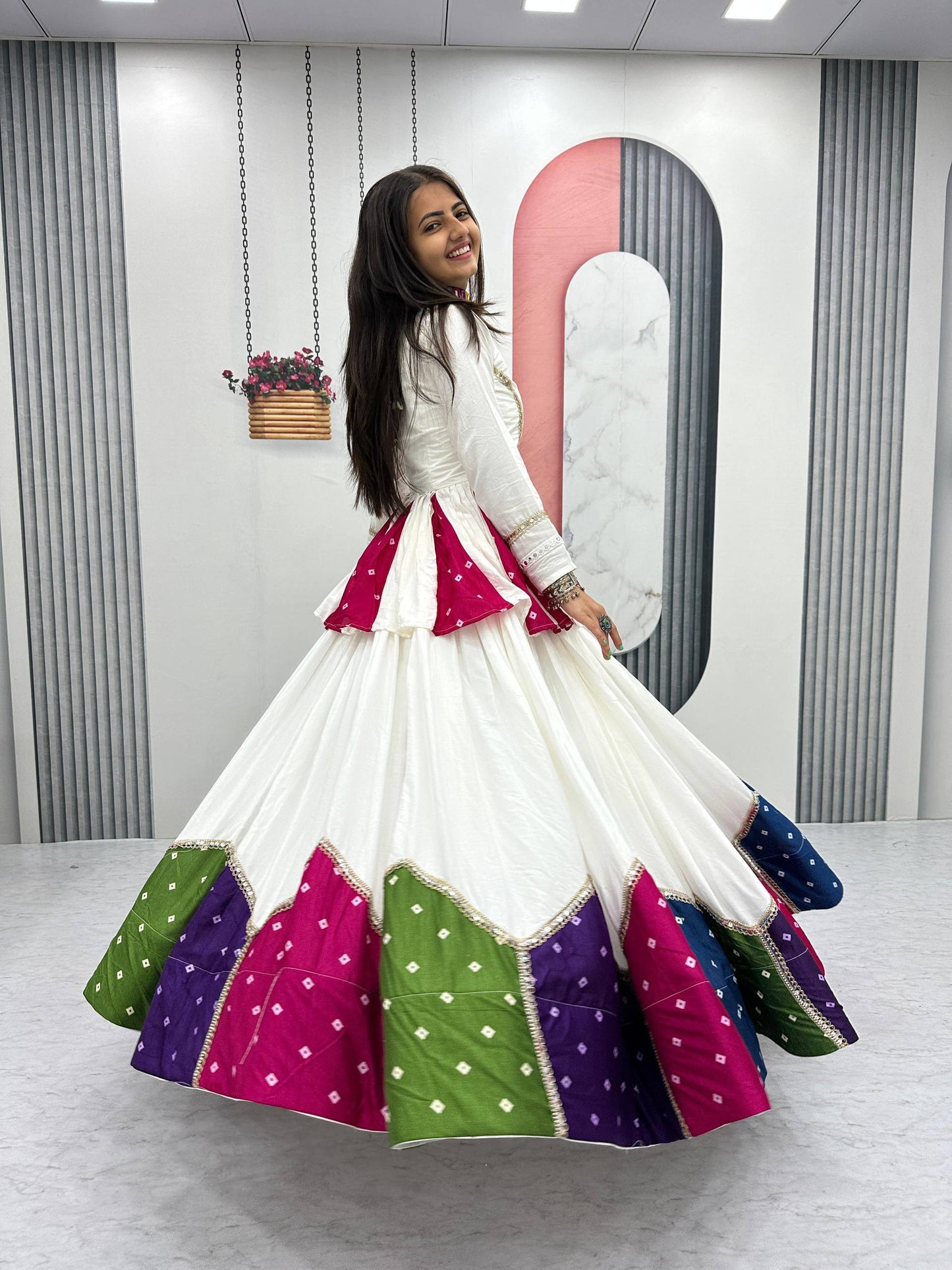 White & Multicolor Cotton Kediyu Lehenga Choli for Navratri
