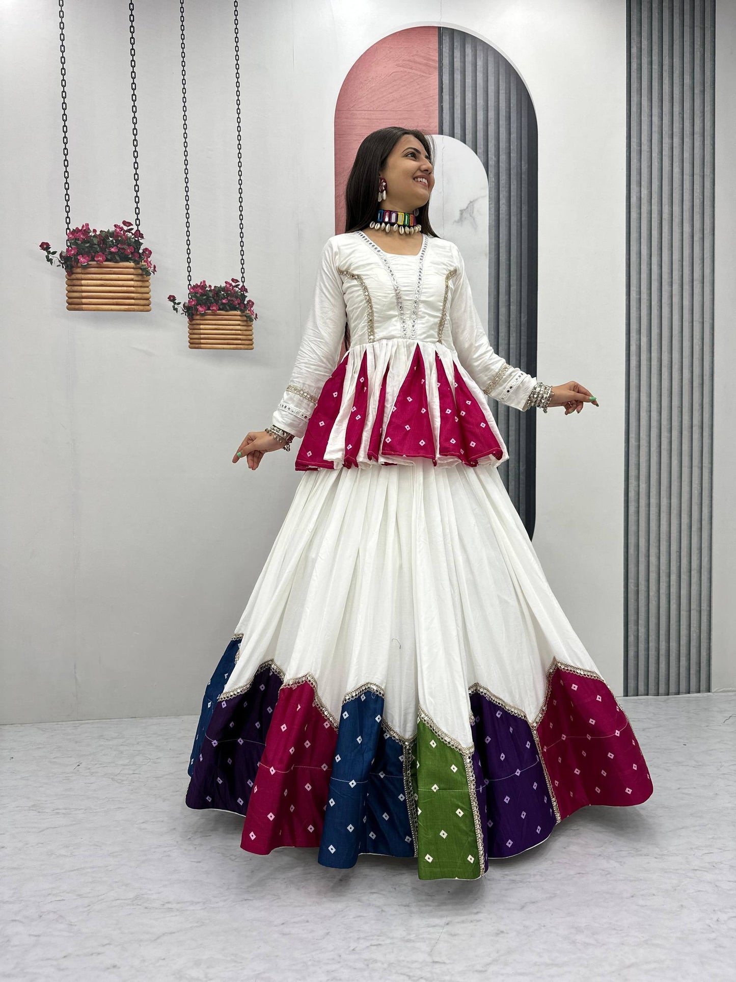 White & Multicolor Cotton Kediyu Lehenga Choli for Navratri