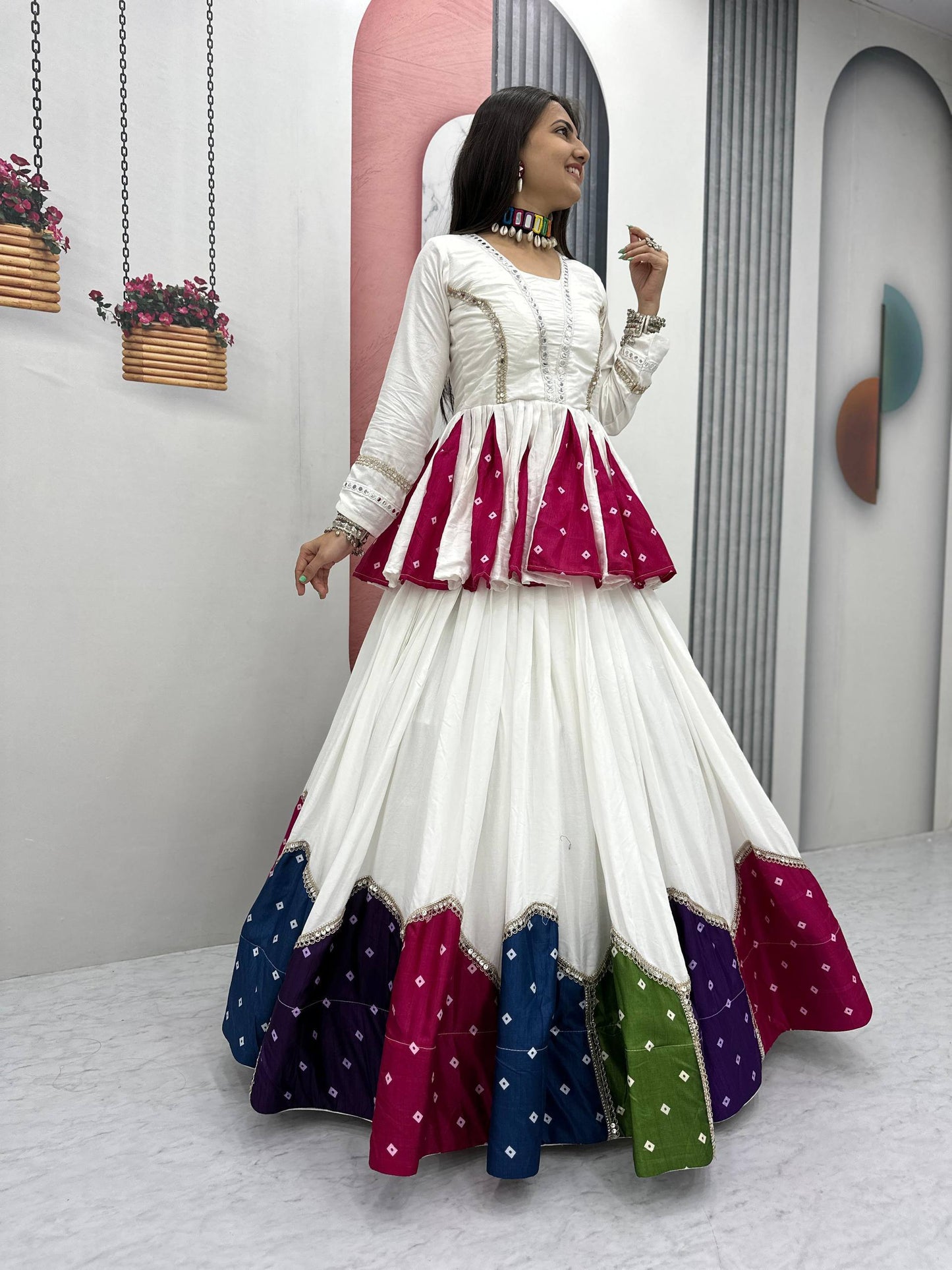 White & Multicolor Cotton Kediyu Lehenga Choli for Navratri