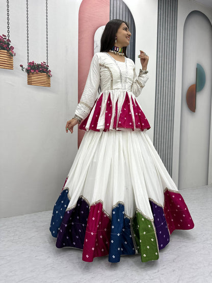 White & Multicolor Cotton Kediyu Lehenga Choli for Navratri