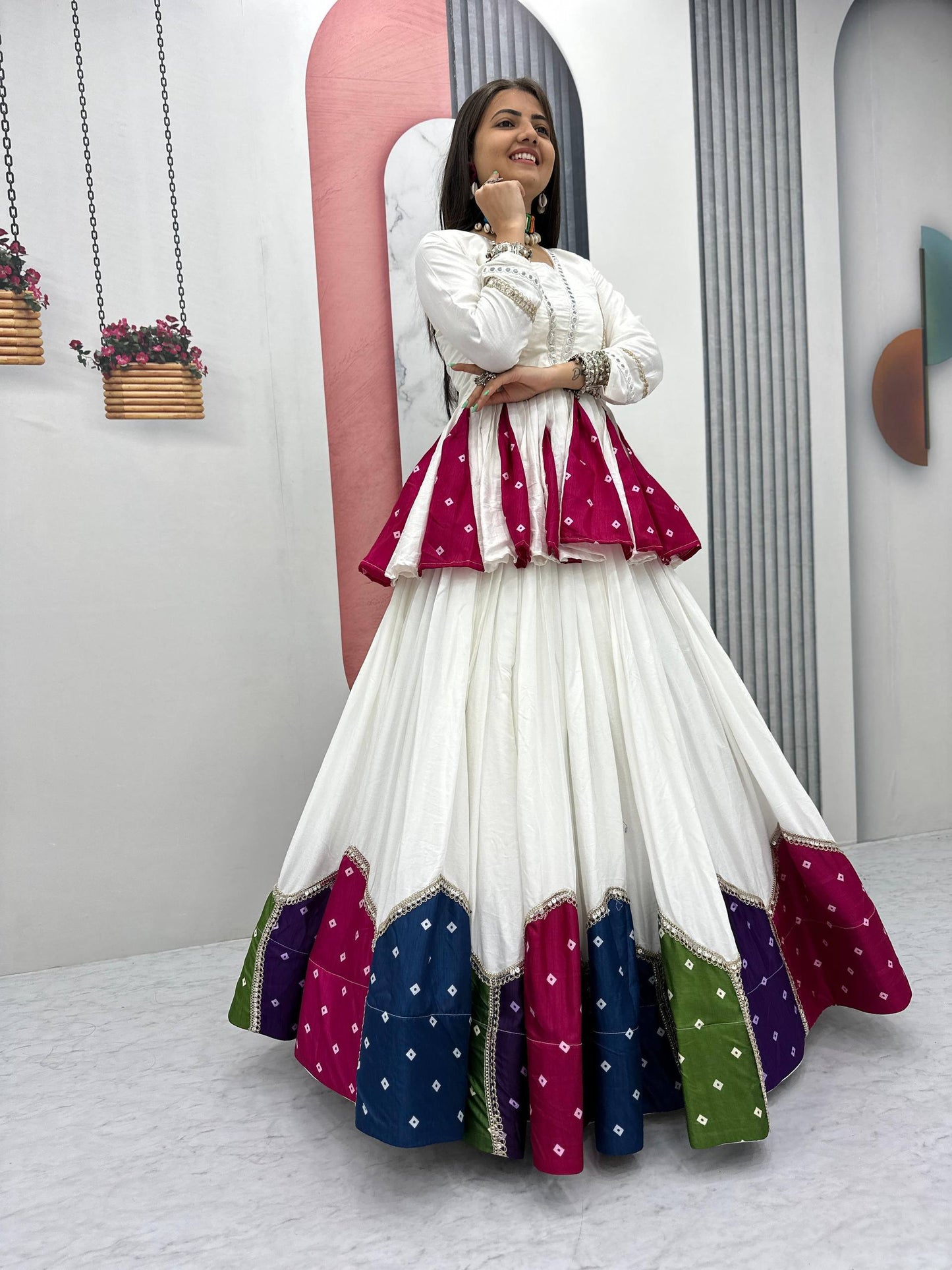 White & Multicolor Cotton Kediyu Lehenga Choli for Navratri