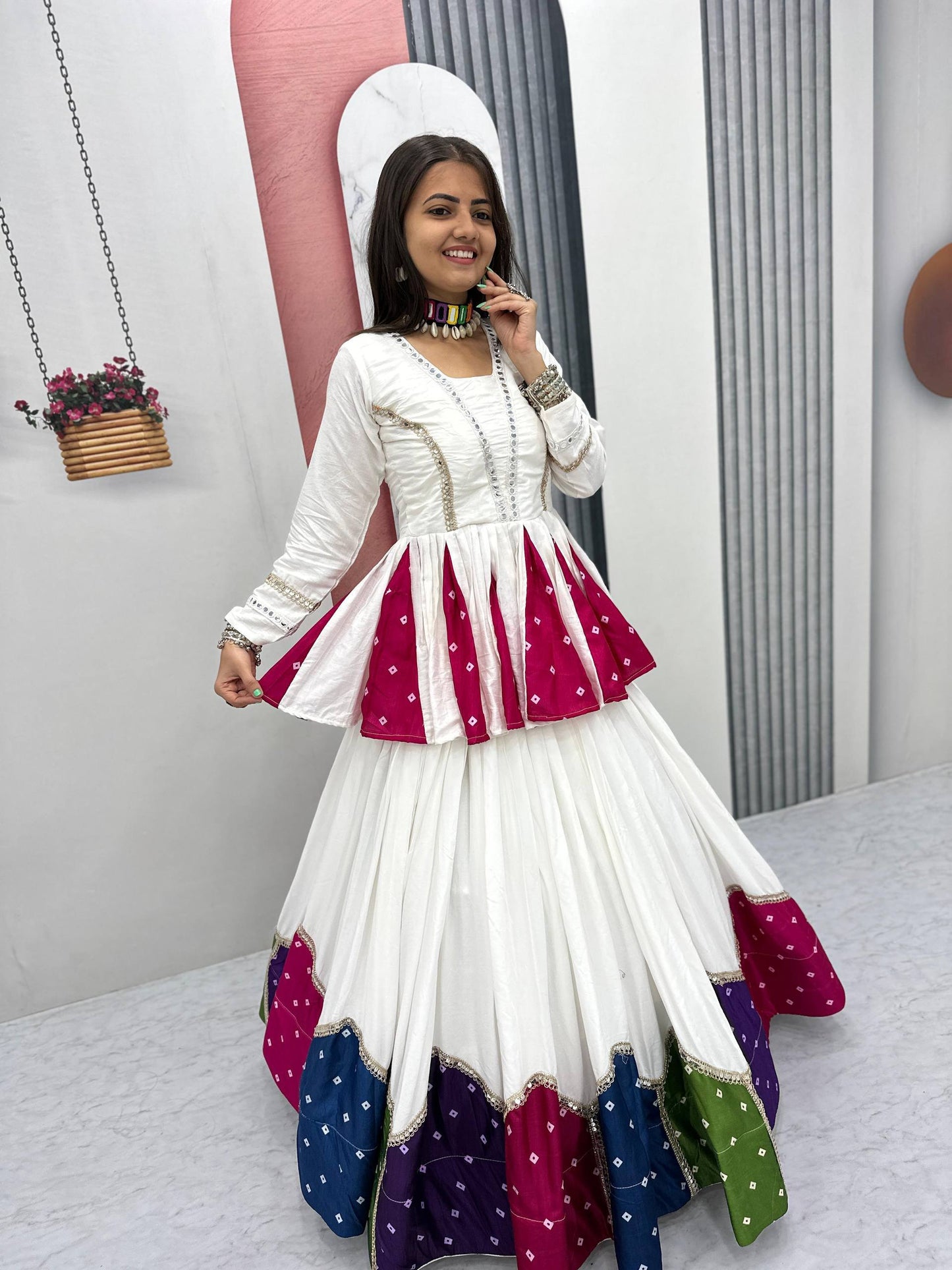 White & Multicolor Cotton Kediyu Lehenga Choli for Navratri