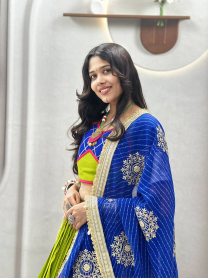 Navratri Special Lime Green & Blue Cotton Lehenga Choli