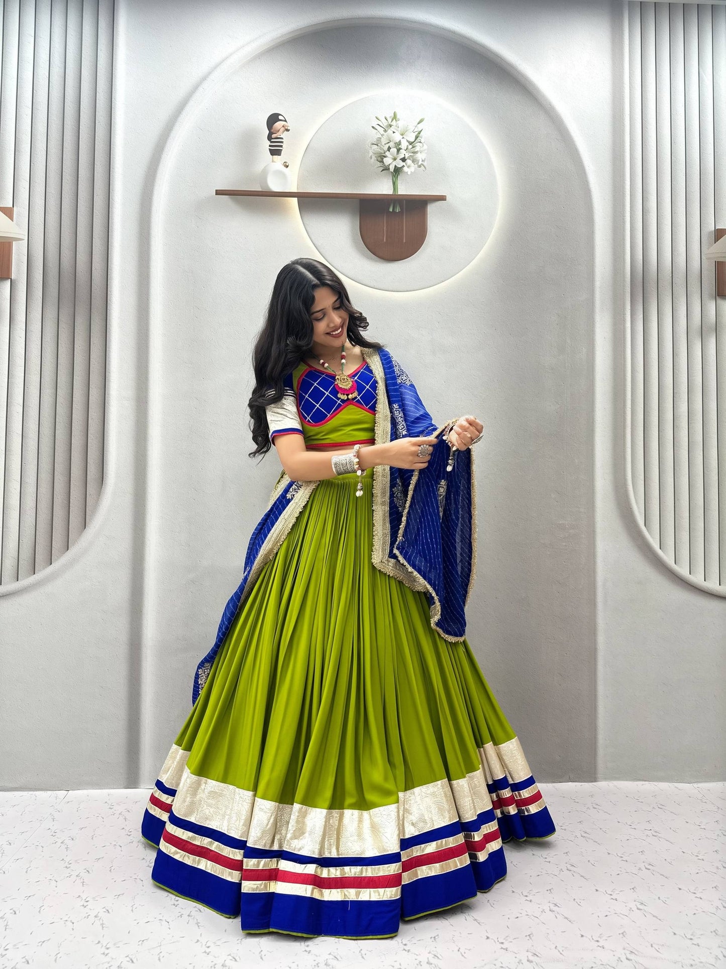 Navratri Special Lime Green & Blue Cotton Lehenga Choli