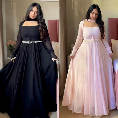 Elegant Georgette Anarkali Gown with Fancy Lace & Koti