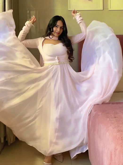 Elegant Georgette Anarkali Gown with Fancy Lace & Koti