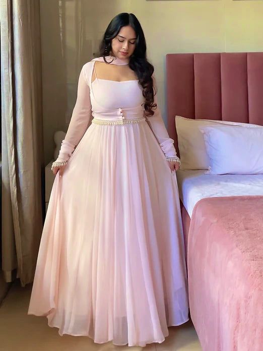 Elegant Georgette Anarkali Gown with Fancy Lace & Koti