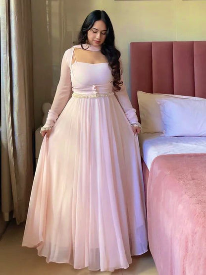 Elegant Georgette Anarkali Gown with Fancy Lace & Koti