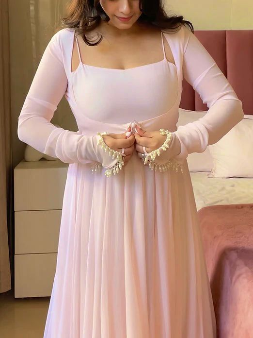 Elegant Georgette Anarkali Gown with Fancy Lace & Koti