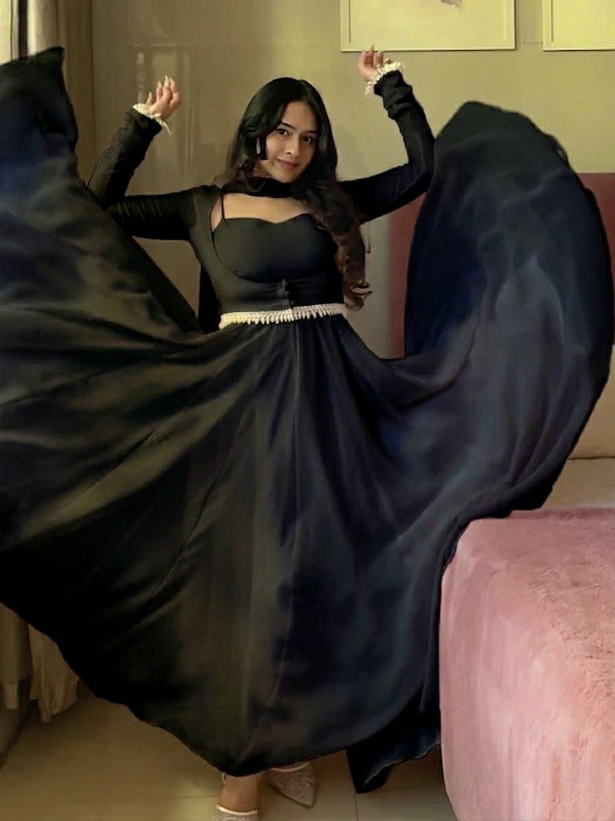 Elegant Georgette Anarkali Gown with Fancy Lace & Koti