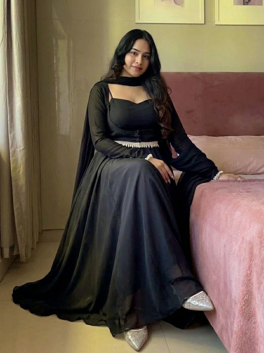 Elegant Georgette Anarkali Gown with Fancy Lace & Koti