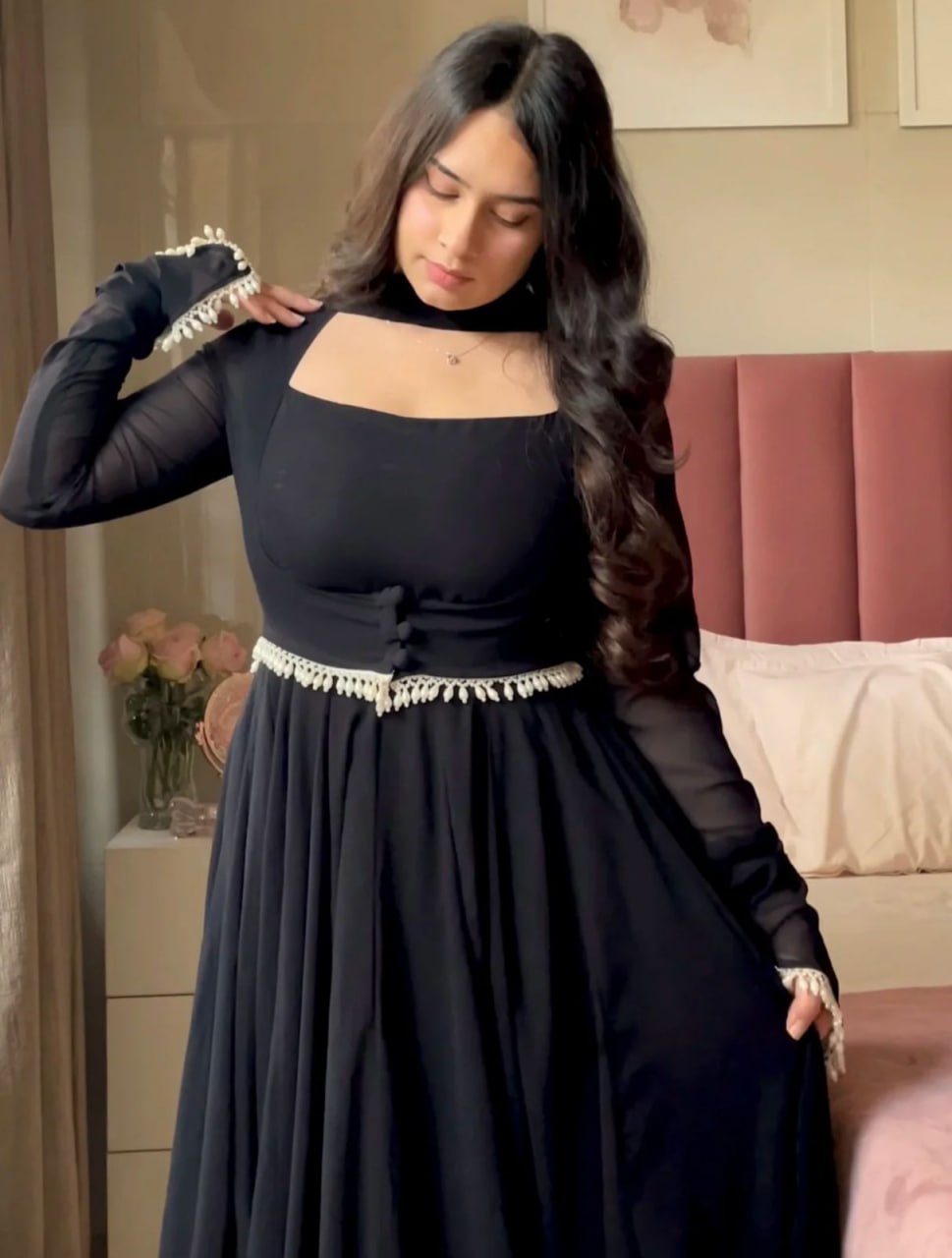 Elegant Georgette Anarkali Gown with Fancy Lace & Koti