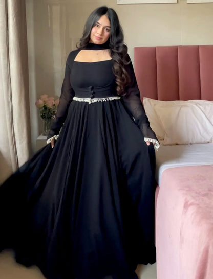 Elegant Georgette Anarkali Gown with Fancy Lace & Koti