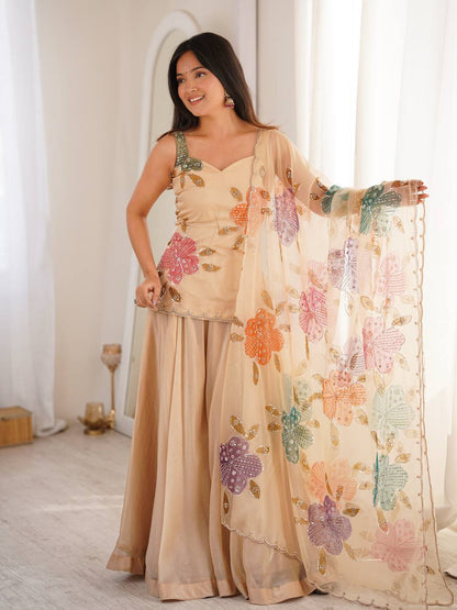 Cream Beige Party Wear Salwar Kameez Suit in Organza Silk