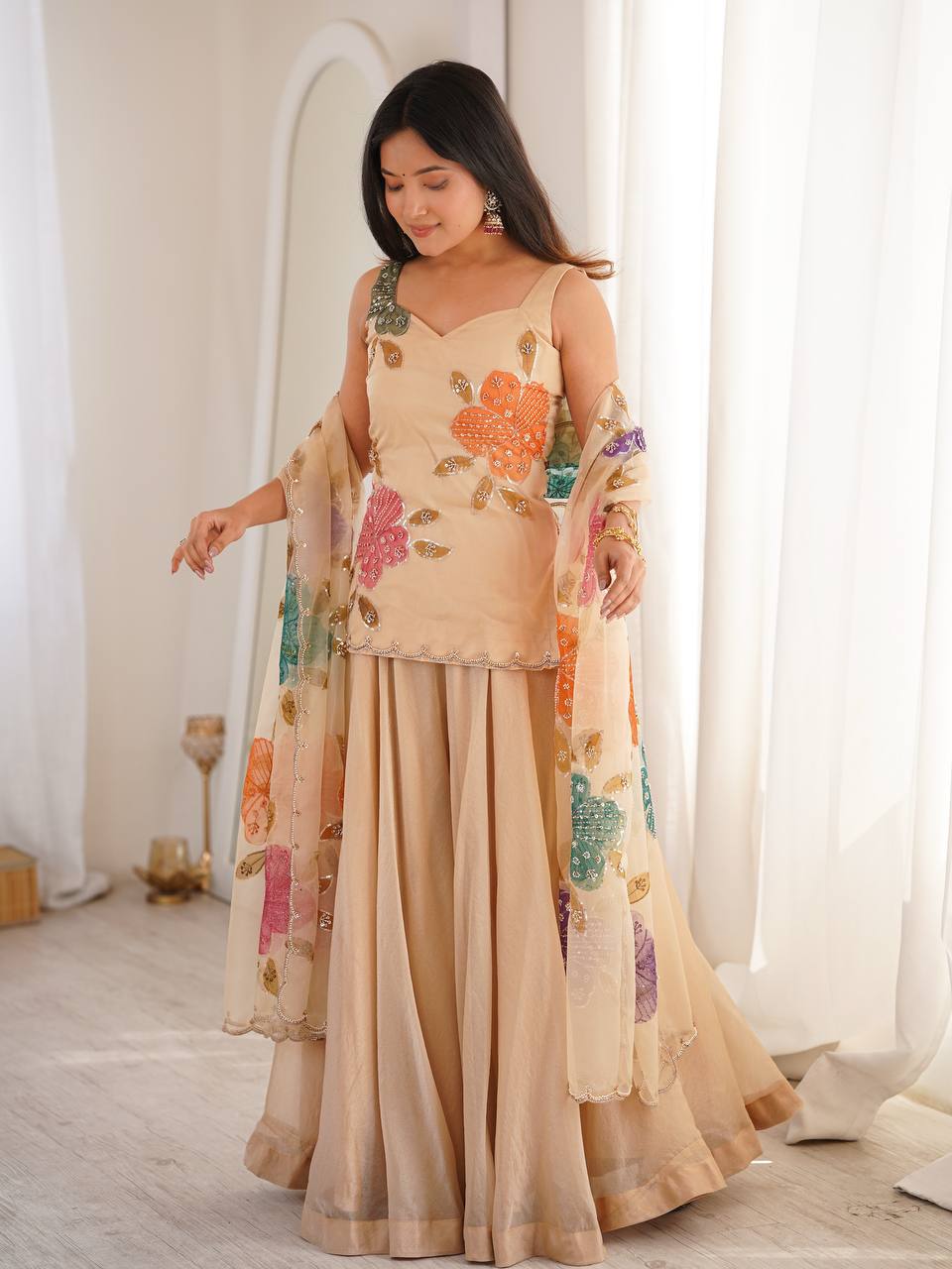 Cream Beige Party Wear Salwar Kameez Suit in Organza Silk