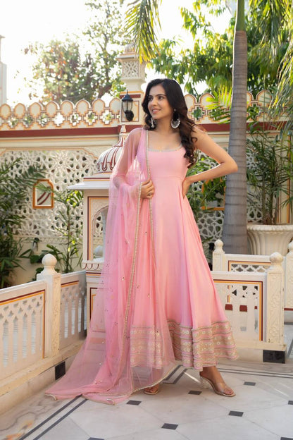 Blush Pink Anarkali Gown with Moti Work & Georgette Dupatta