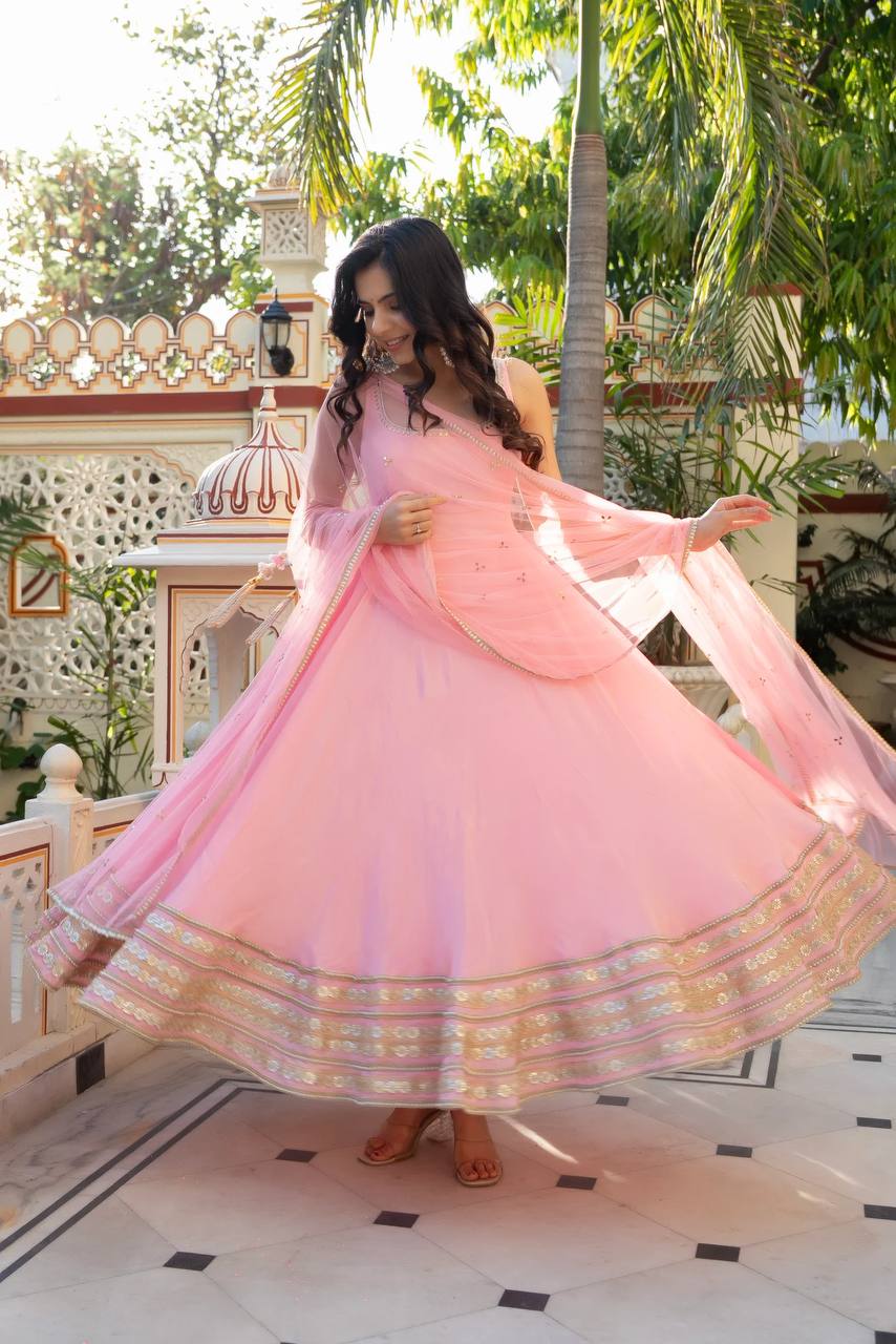 Blush Pink Anarkali Gown with Moti Work & Georgette Dupatta