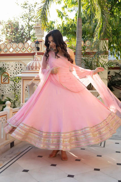 Blush Pink Anarkali Gown with Moti Work & Georgette Dupatta
