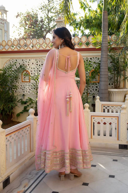 Blush Pink Anarkali Gown with Moti Work & Georgette Dupatta