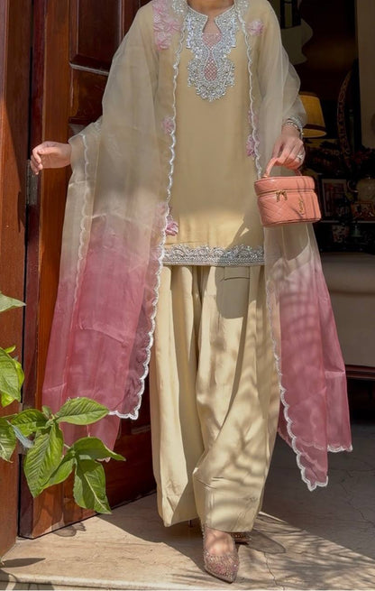 Ivory Pakistani Suit Set with Shaded Silk Dupatta