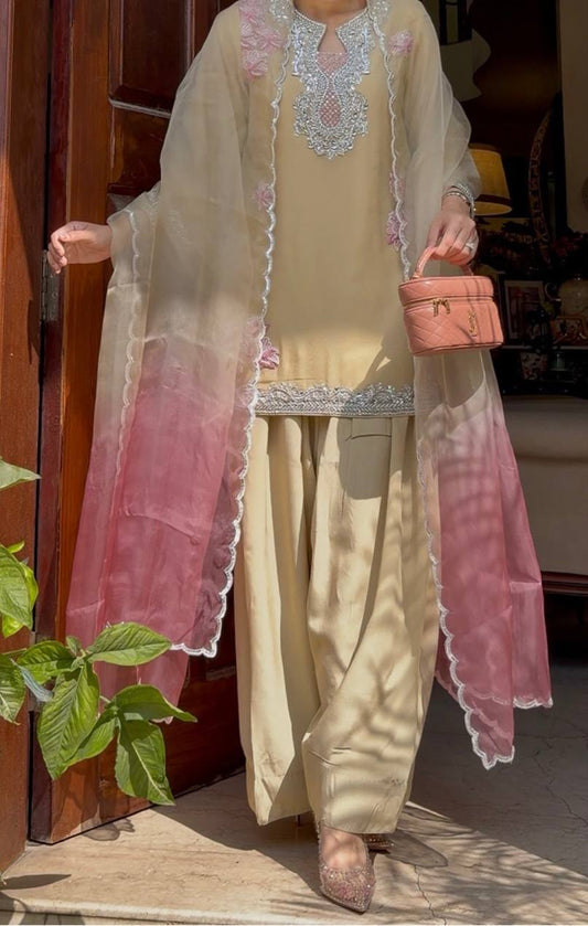 Ivory Pakistani Suit Set with Shaded Silk Dupatta