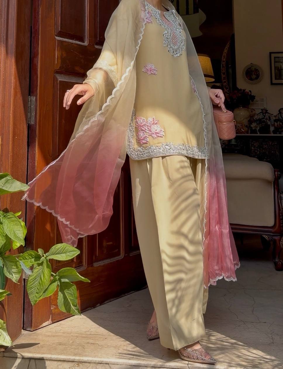 Ivory Pakistani Suit Set with Shaded Silk Dupatta