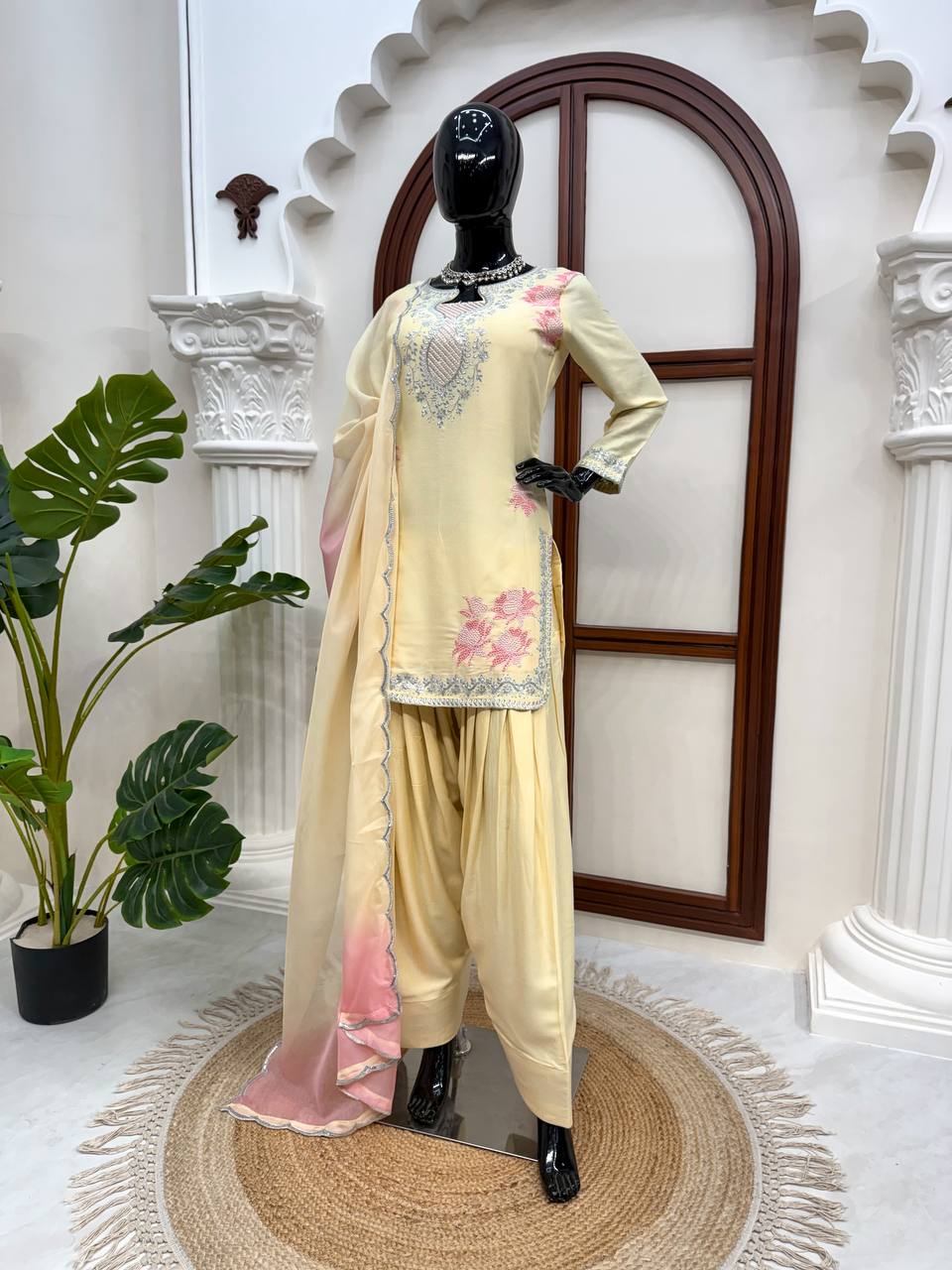 Ivory Pakistani Suit Set with Shaded Silk Dupatta
