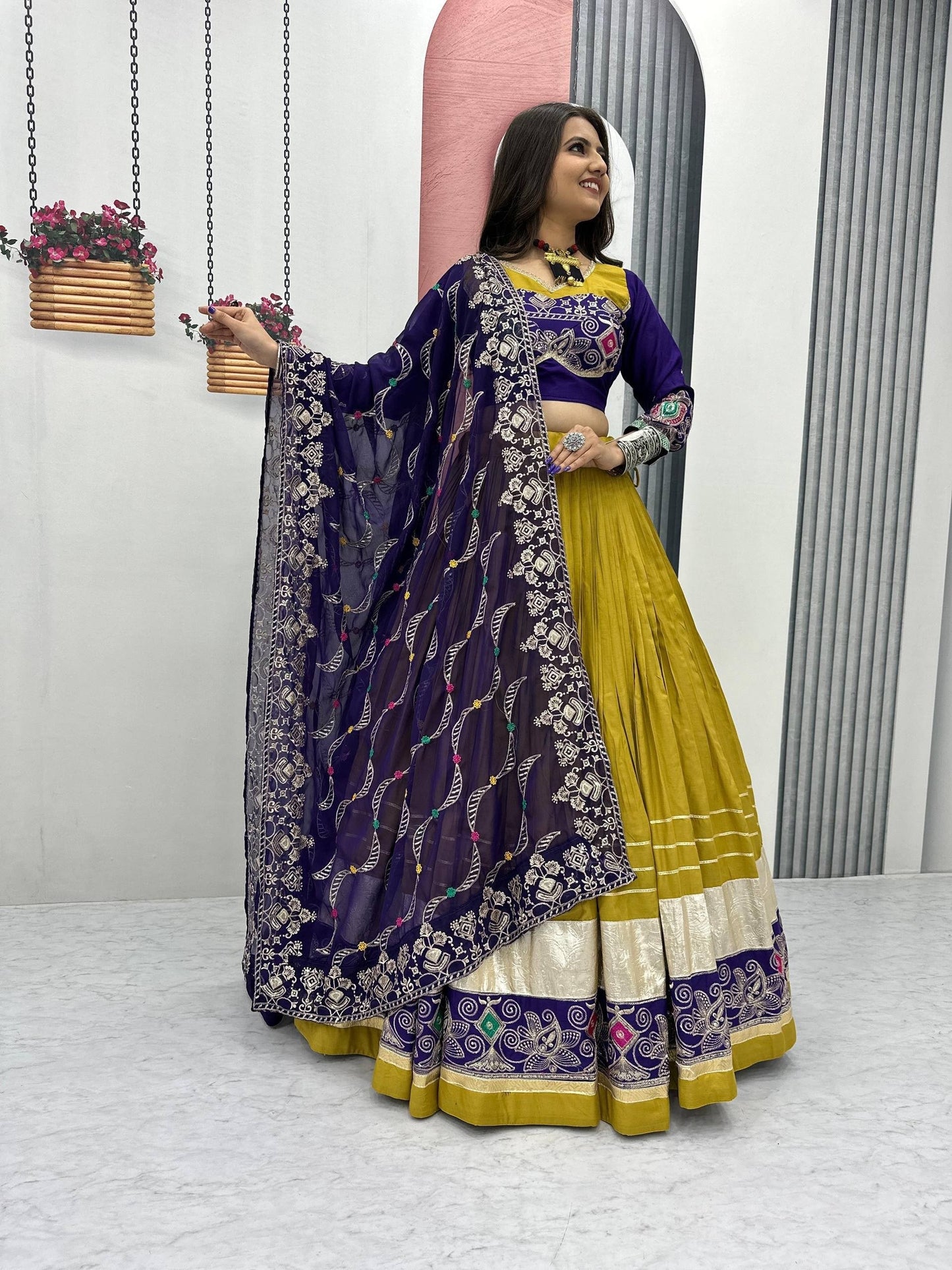 Mustard and Purple Navratri Chaniya Choli Garba Dress