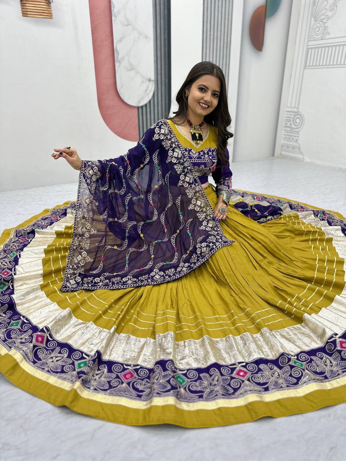 Mustard and Purple Navratri Chaniya Choli Garba Dress