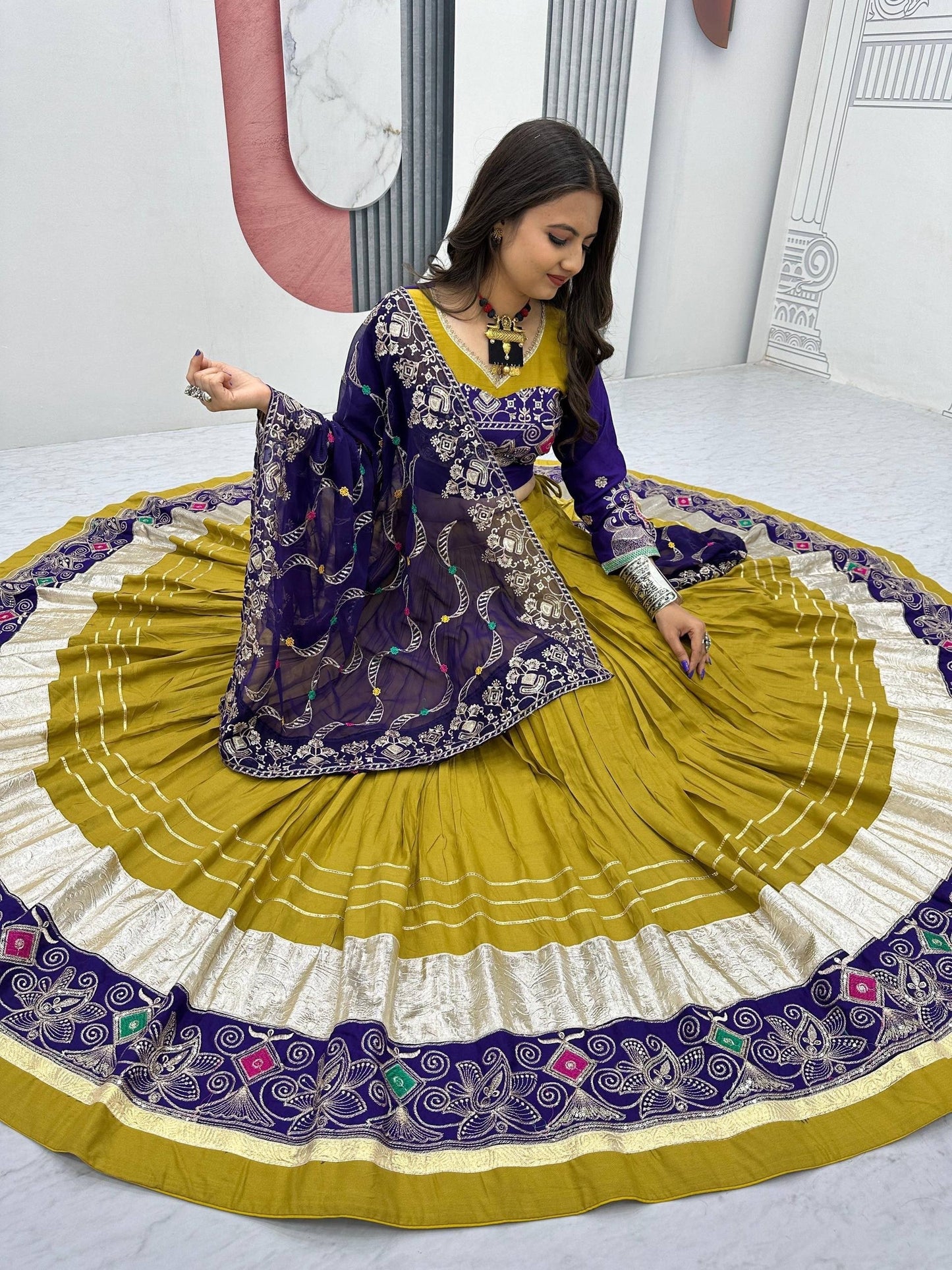 Mustard and Purple Navratri Chaniya Choli Garba Dress