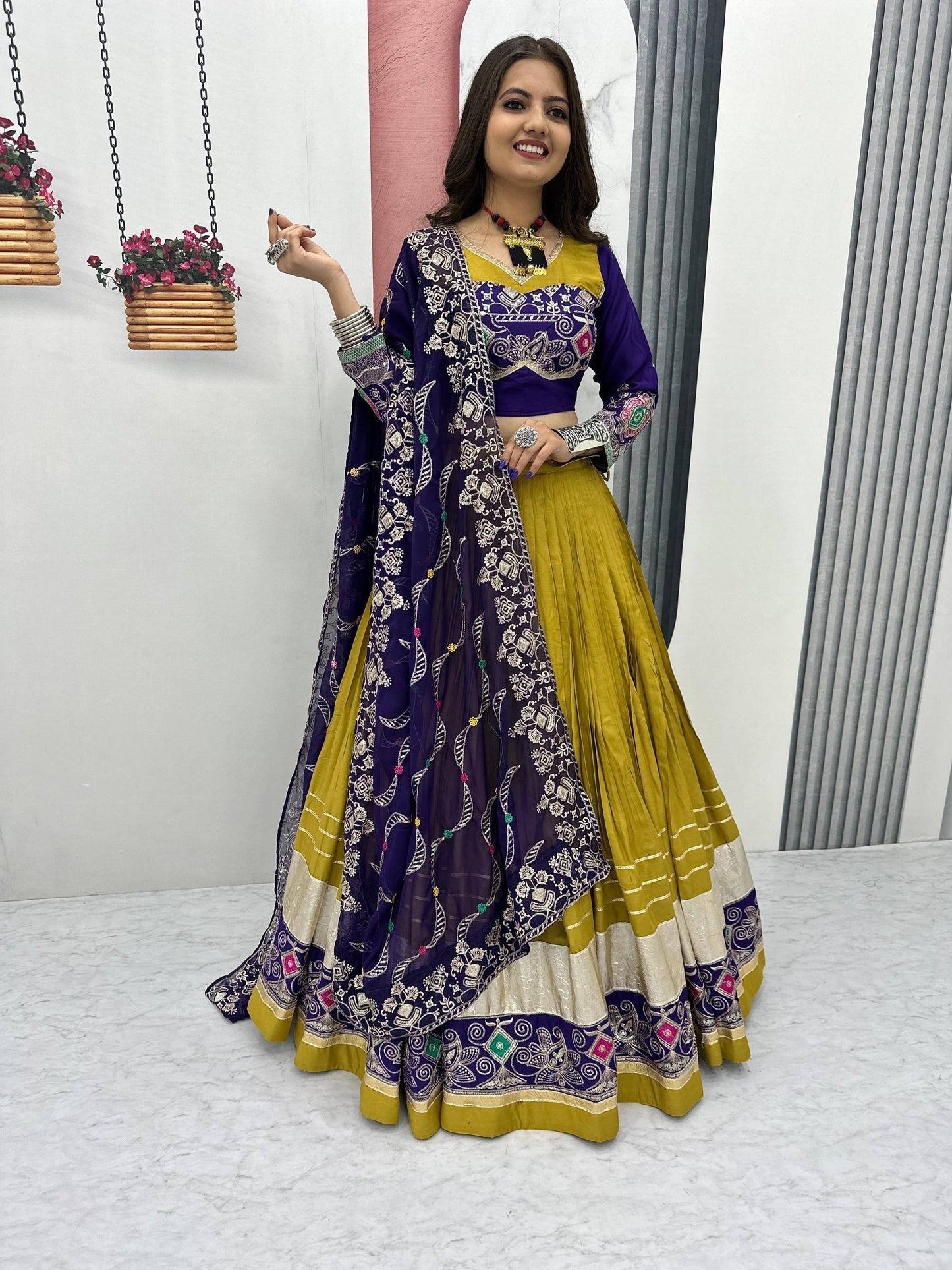 Mustard and Purple Navratri Chaniya Choli Garba Dress