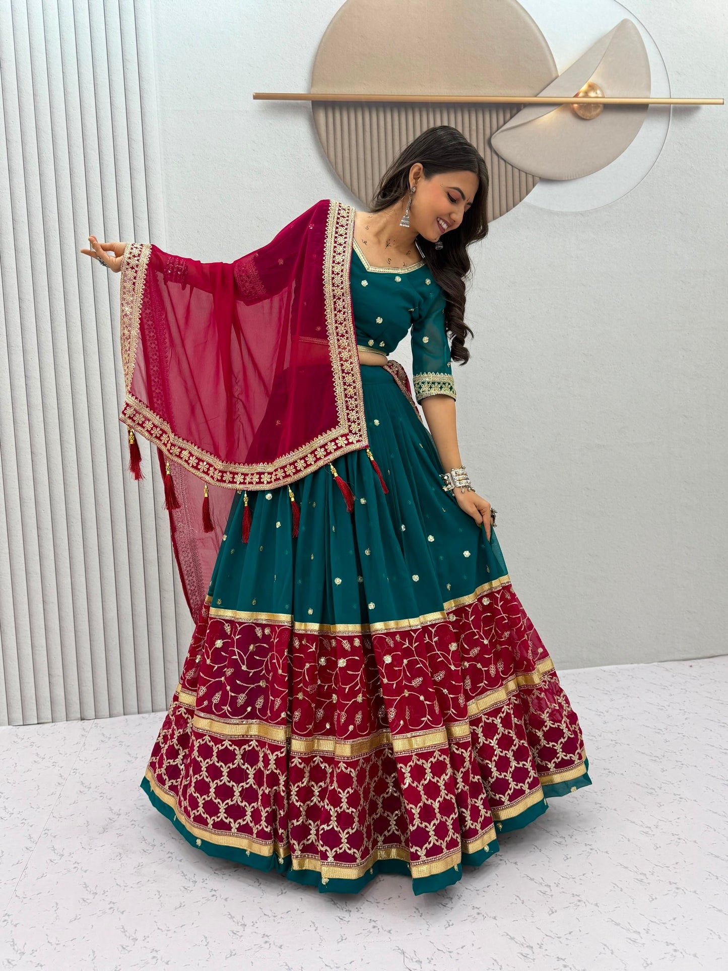 Bottle Green & Maroon Navratri Special Lehenga Choli for Garba