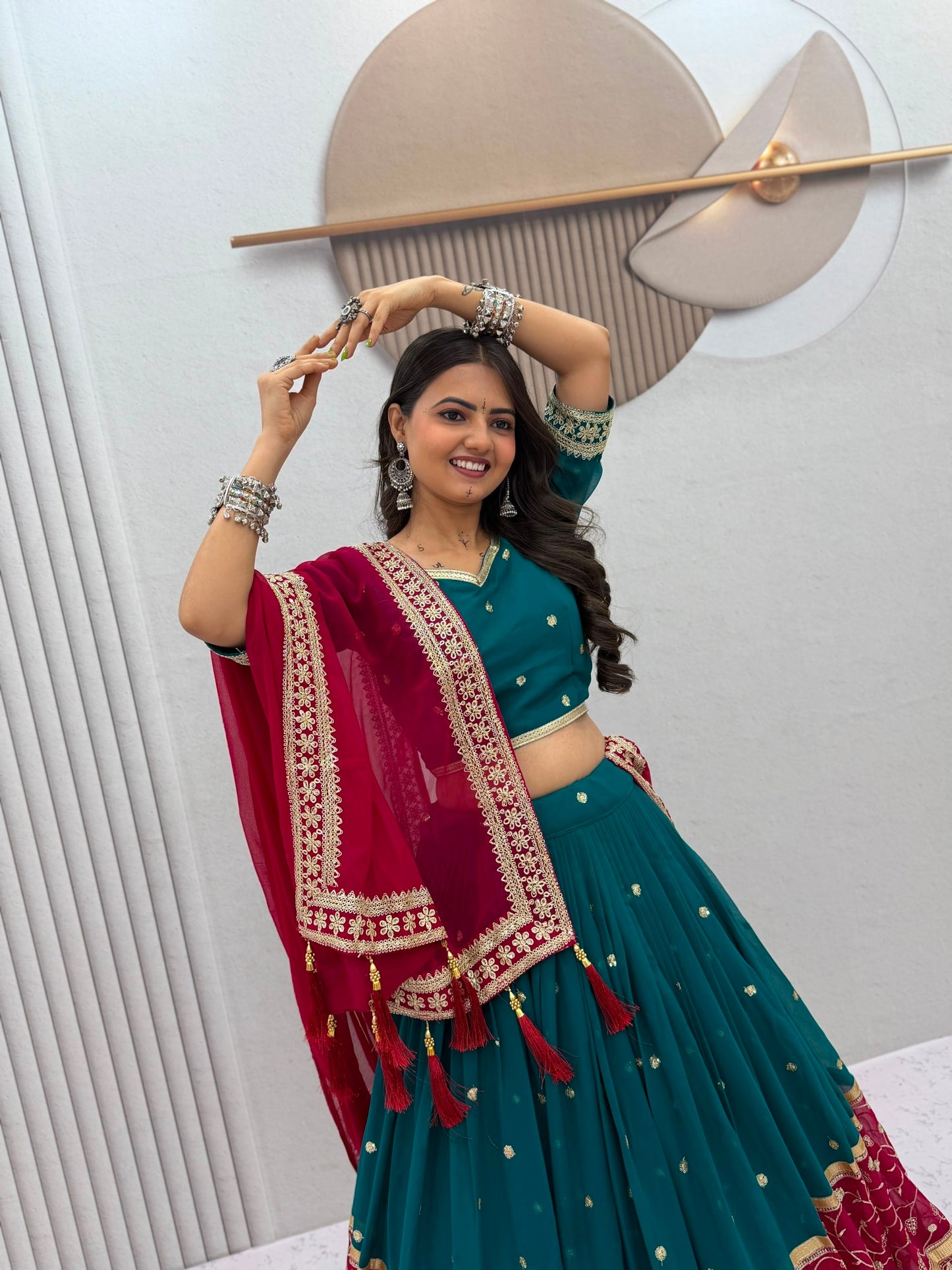 Bottle Green & Maroon Navratri Special Lehenga Choli for Garba