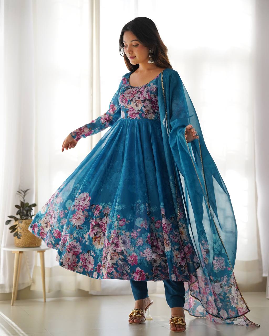 Pure Organza Silk Floral Anarkali Suit for Women