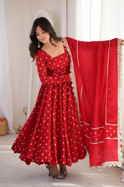 Red Chinnon Silk Anarkali Salwar Suit Party Wear for Women
