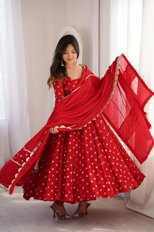 Red Chinnon Silk Anarkali Salwar Suit Party Wear for Women