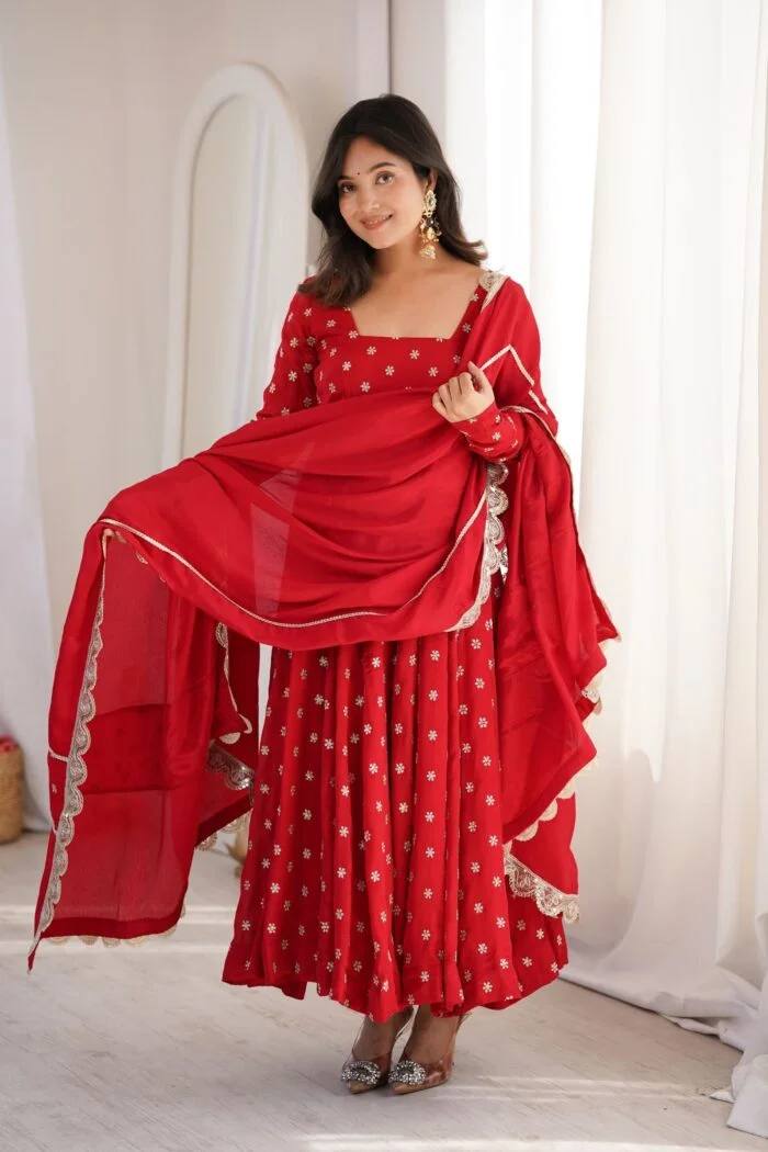Red Chinnon Silk Anarkali Salwar Suit Party Wear for Women