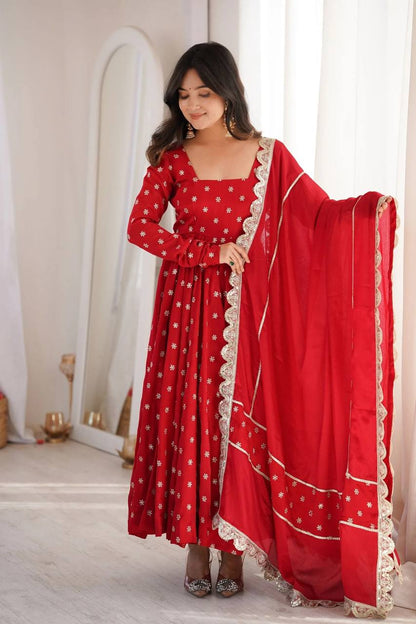 Red Chinnon Silk Anarkali Salwar Suit Party Wear for Women