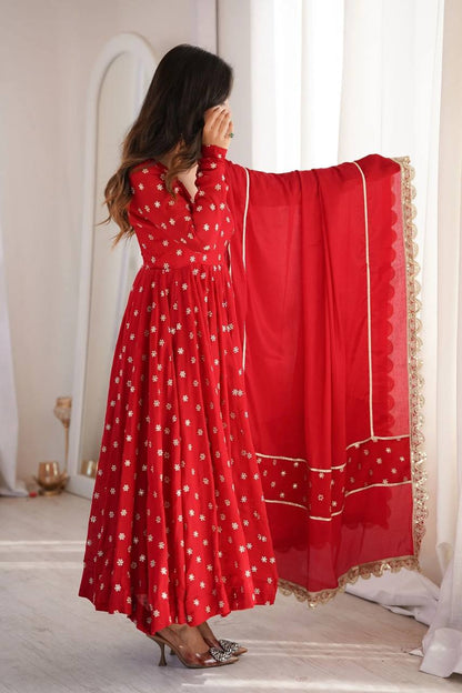 Red Chinnon Silk Anarkali Salwar Suit Party Wear for Women