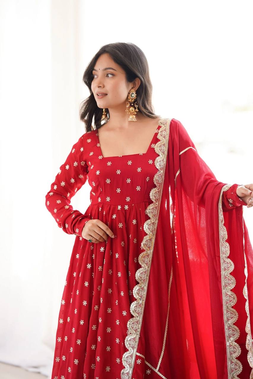 Red Chinnon Silk Anarkali Salwar Suit Party Wear for Women