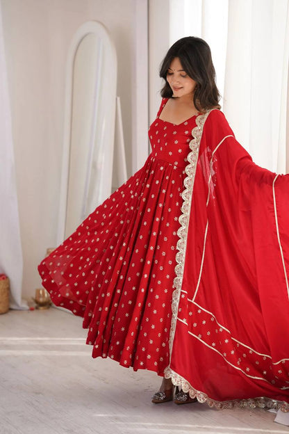 Red Chinnon Silk Anarkali Salwar Suit Party Wear for Women