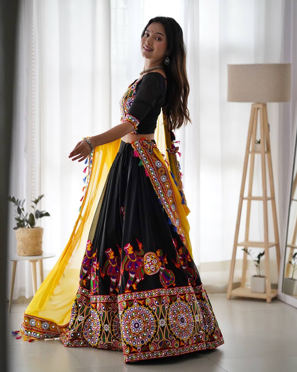 Black and Yellow Navratri Special Chaniya Choli with Mirror Work