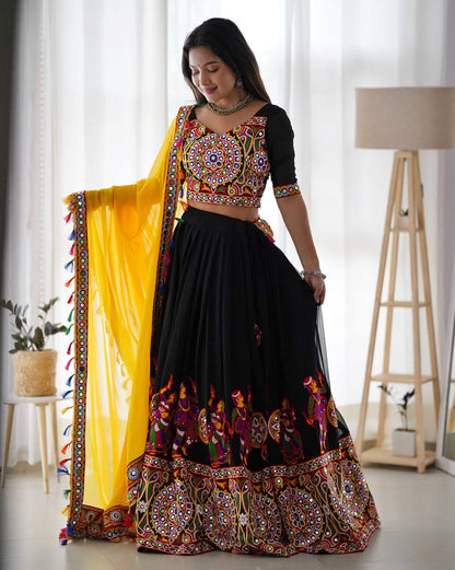 Black and Yellow Navratri Special Chaniya Choli with Mirror Work