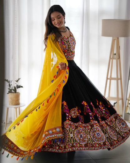 Black and Yellow Navratri Special Chaniya Choli with Mirror Work