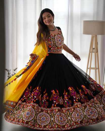 Black and Yellow Navratri Special Chaniya Choli with Mirror Work