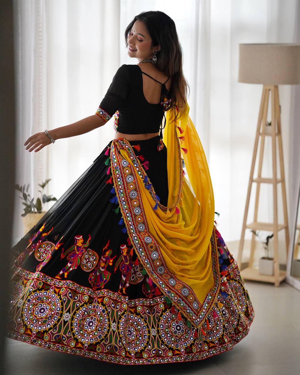 Black and Yellow Navratri Special Chaniya Choli with Mirror Work