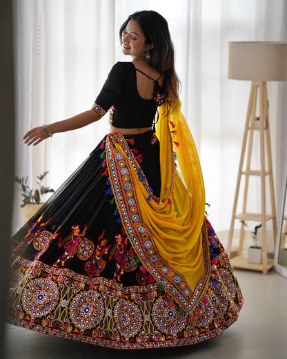 Black and Yellow Navratri Special Chaniya Choli with Mirror Work