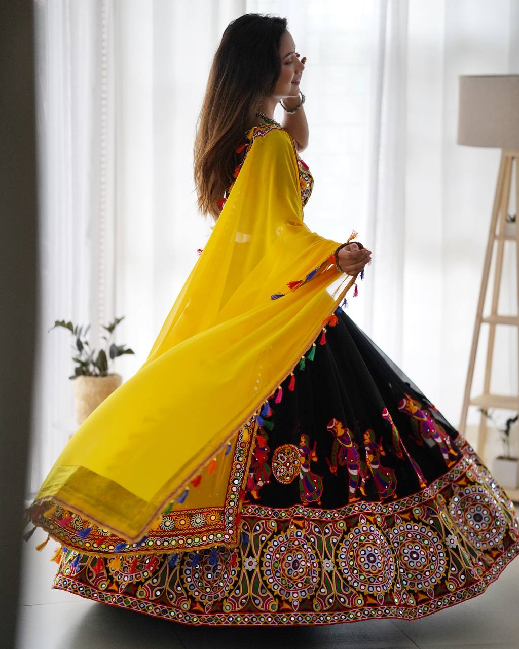 Black and Yellow Navratri Special Chaniya Choli with Mirror Work
