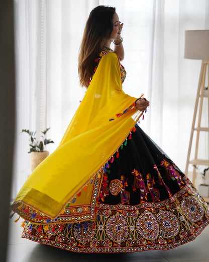 Black and Yellow Navratri Special Chaniya Choli with Mirror Work