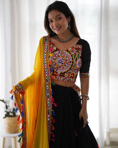 Black and Yellow Navratri Special Chaniya Choli with Mirror Work